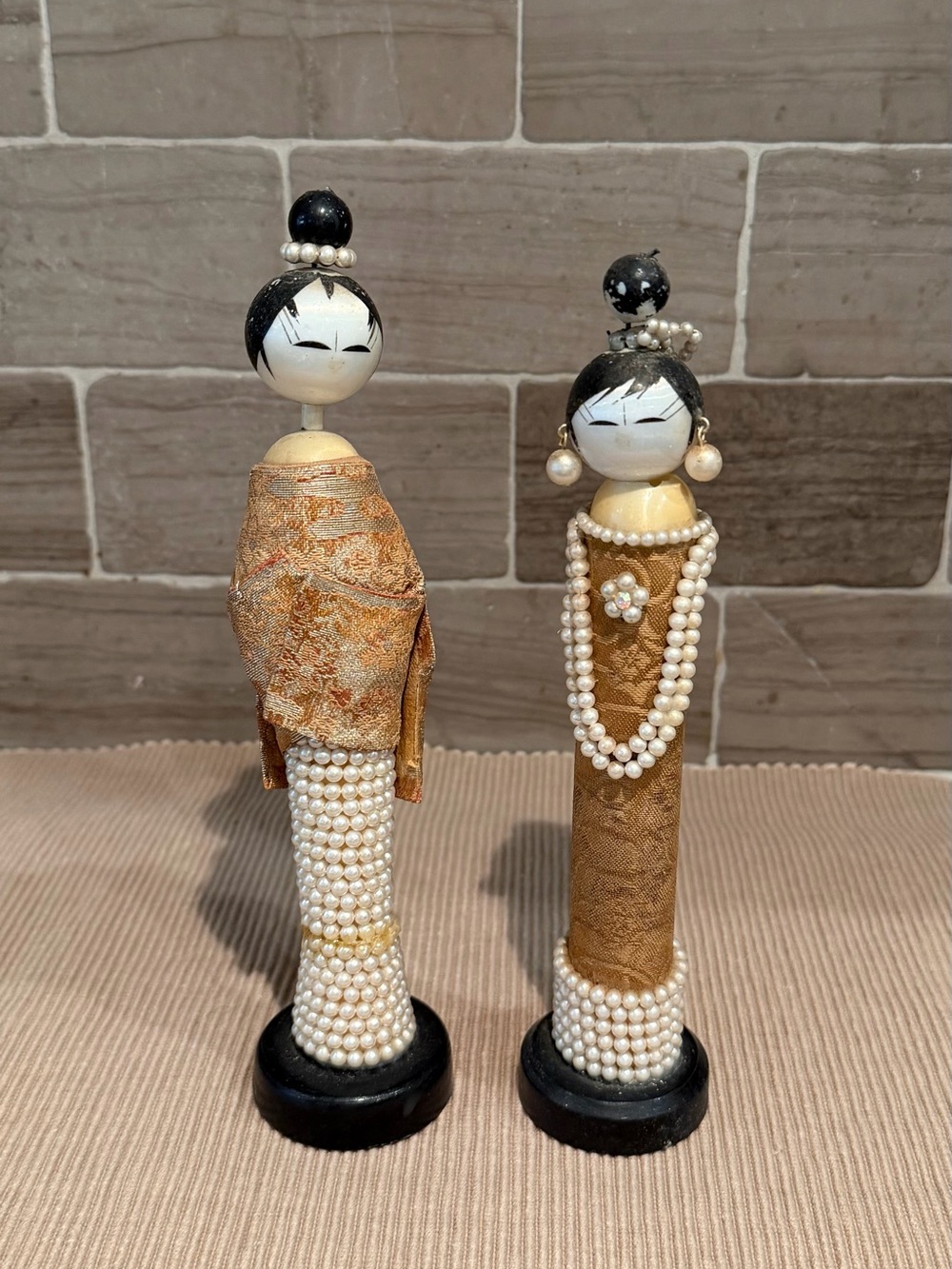 Vintage Japanese Wooden Kokeshi Dolls Faux Pearl Brocade Kimono Couple Pair Set